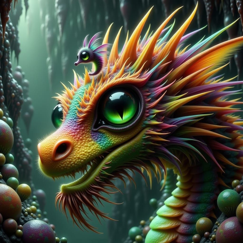 Gigantic Dragon Snout with Tiny Rainbow Creature