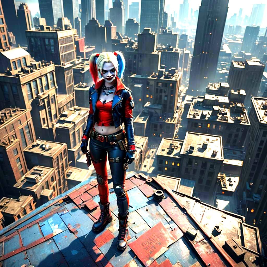 Harley Quinn on Gotham Roof: Detailed Matte Painting