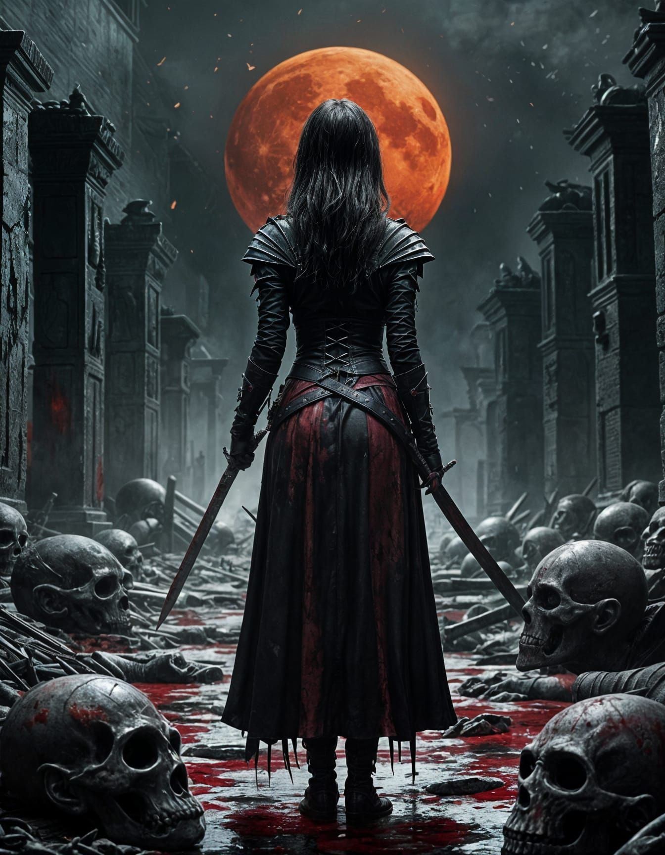 Dark Medieval Vampire Scene with Red Moon