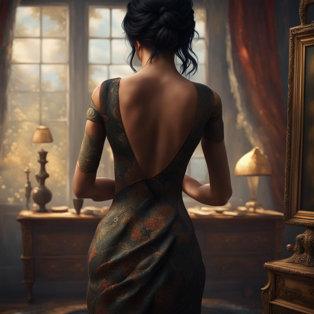 Model Undressing in Bedroom as Oil Painting