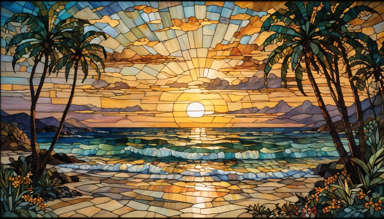 Tropical Beach Sunset in Stained Glass Style