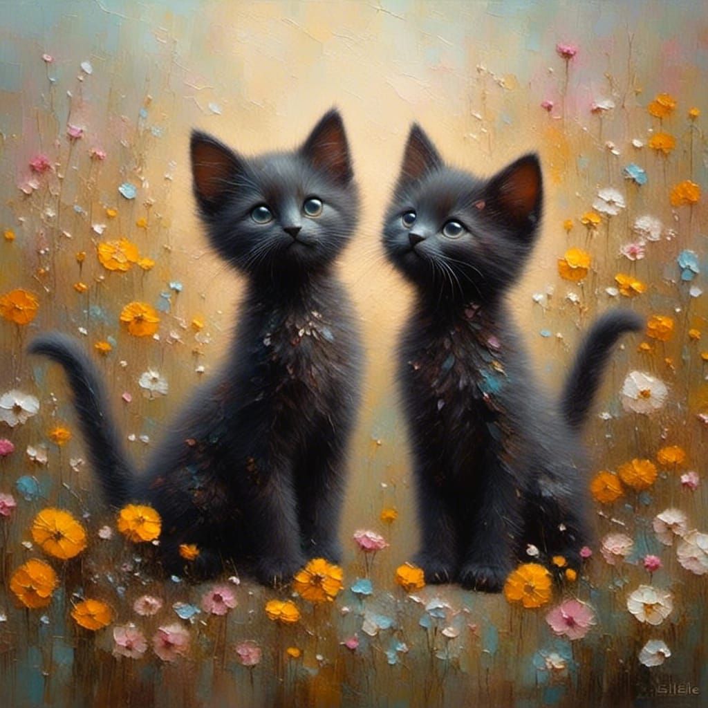 Whimsical Black Kittens in Flower Field