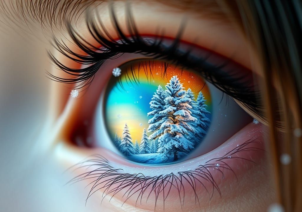 Colorful Eye with Winter Scene, Macro Shot