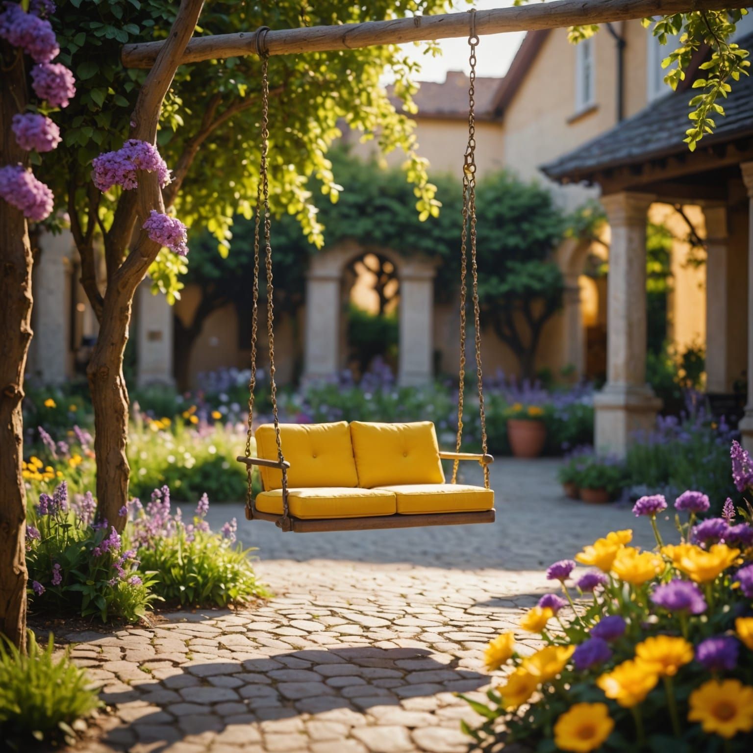 Flowery Courtyard: Yellow and Purple Swing in Sunlight