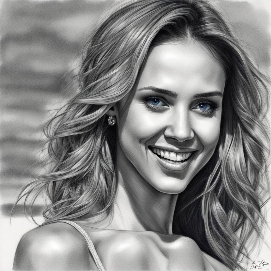 Jessica Alba in Blue Bikini: Detailed Pencil Sketch