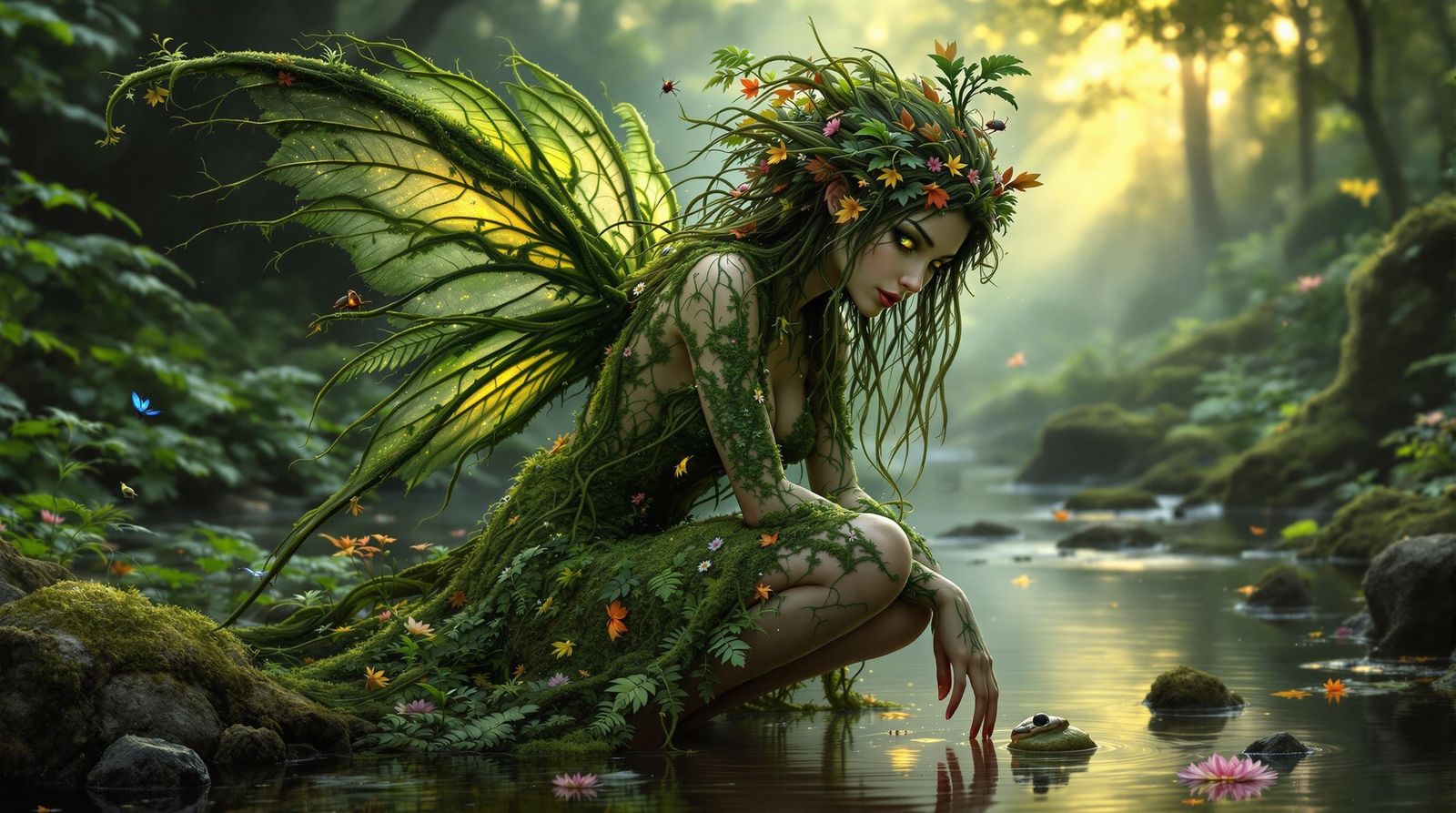 A wild, untamed nature fairy wearing a moss dress, with wing...