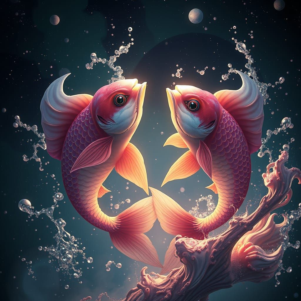 Surreal Pisces Zodiac Fantasy Scene in Deep, Intricate Detai...