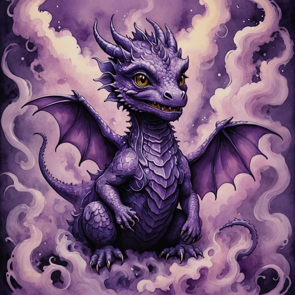 Art Nouveau Dragon in Purple Smoke, Gouache Style