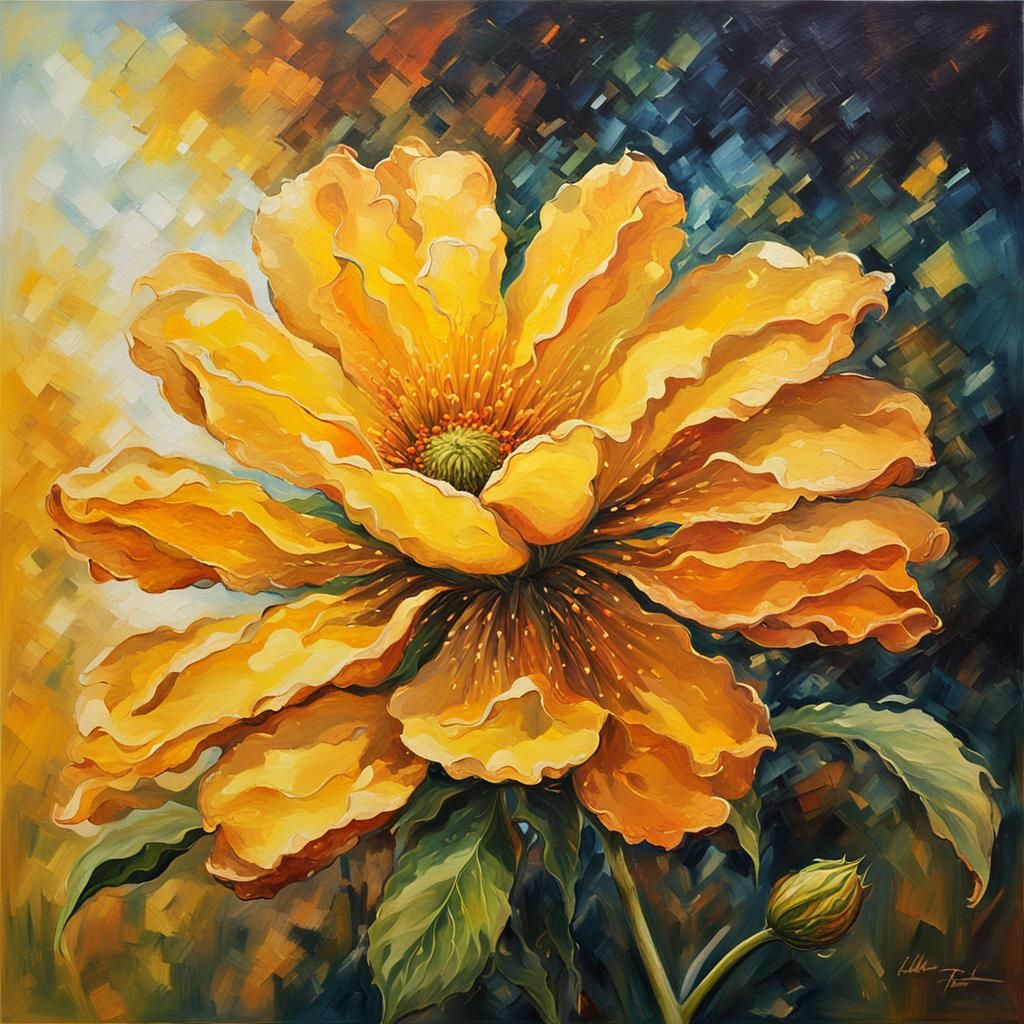 Beautiful Yellow Flower in Sunlight: Oil Painting