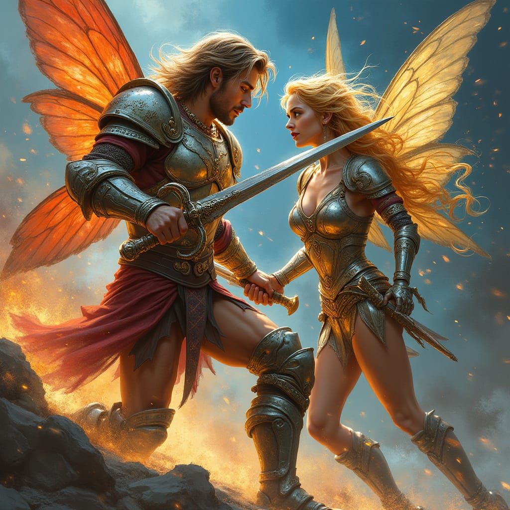 Fairy Prince vs Princess Sword Battle, Digital Art