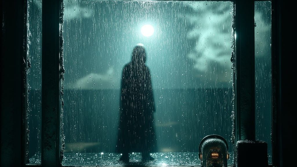 Eerie Moonlight Silhouette Behind Glass