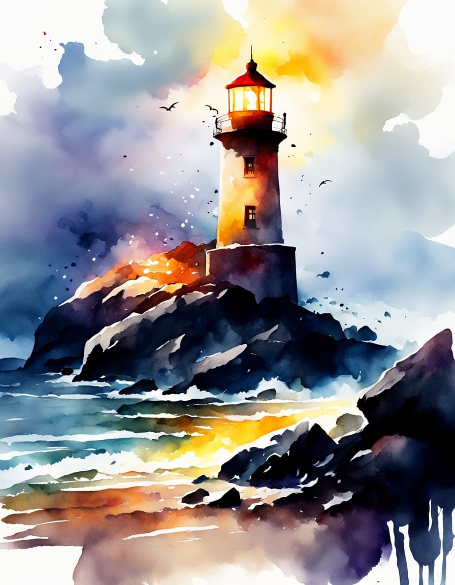 Glowing Lighthouse on Rocky Coast as Digital Watercolor
