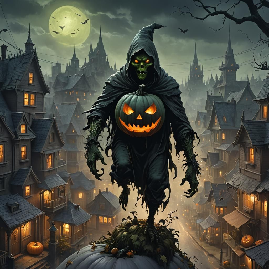 Ghost and Goblin Halloween Scene in Dark Fantasy Art