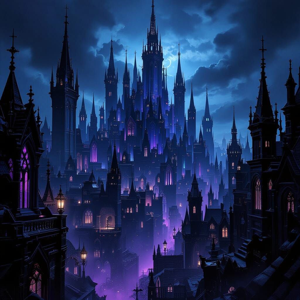 Surreal Gothic Cityscape in Black, Blue, and Purple