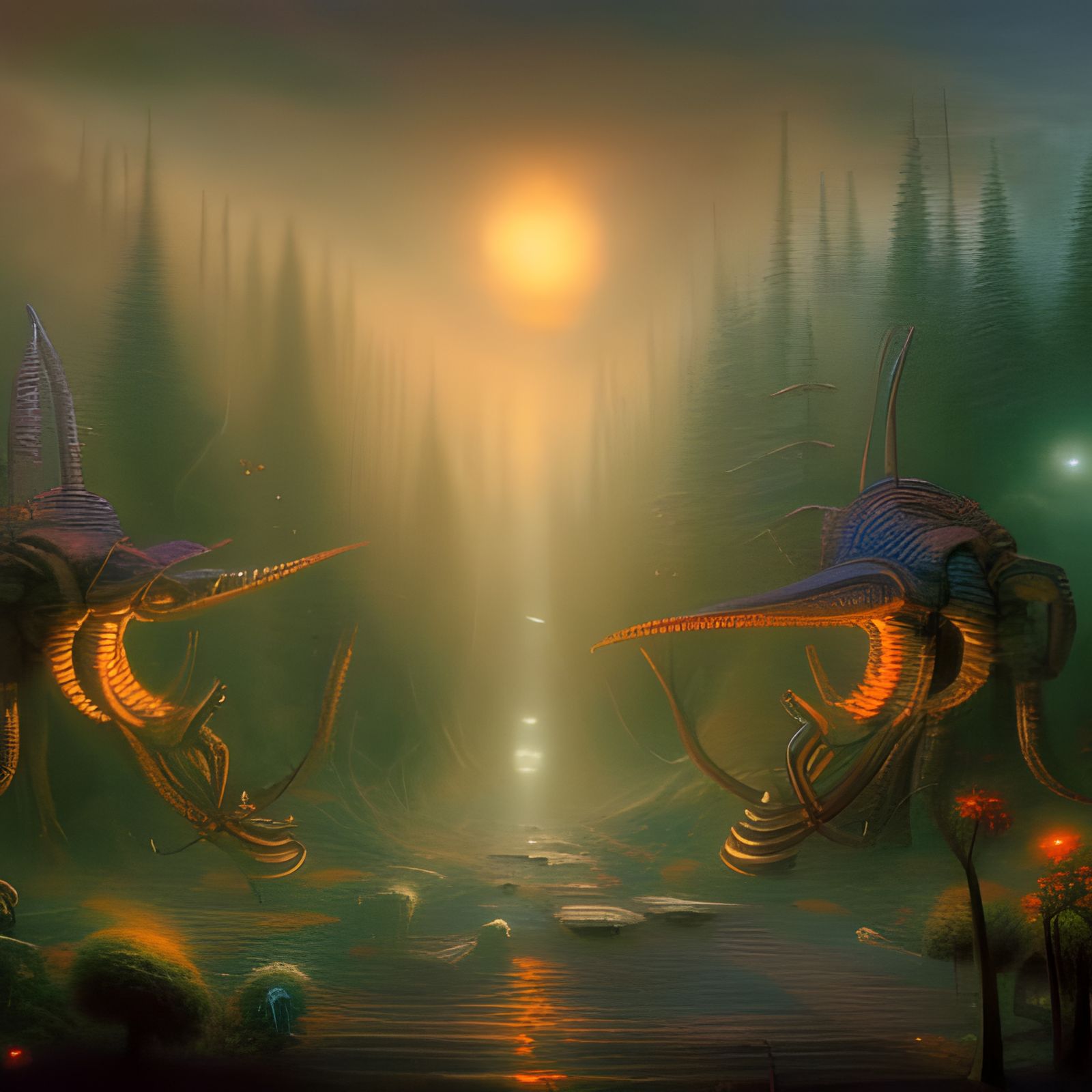 A Sci-Fi foggy horror scene, highly detailed, critters, alie...