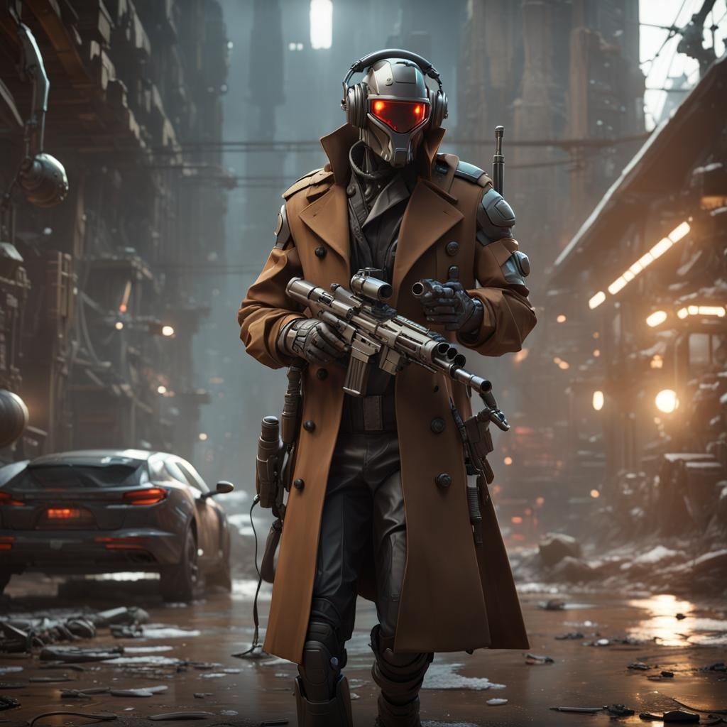 Bounty Hunter with Robot Arm in Dark Fantasy Art