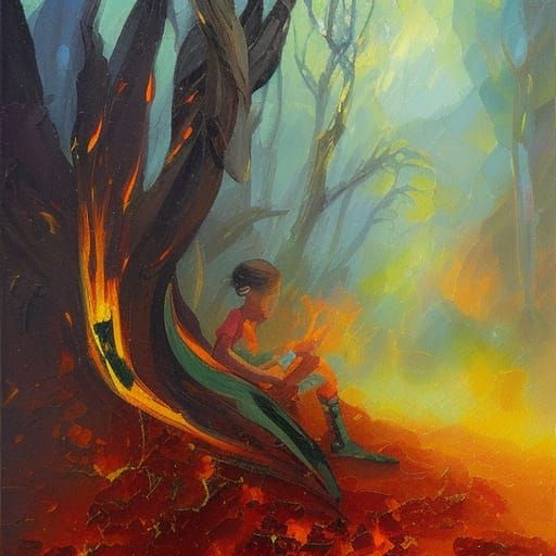 Sinister Bushfire in Neo-Impressionist Storybook Style