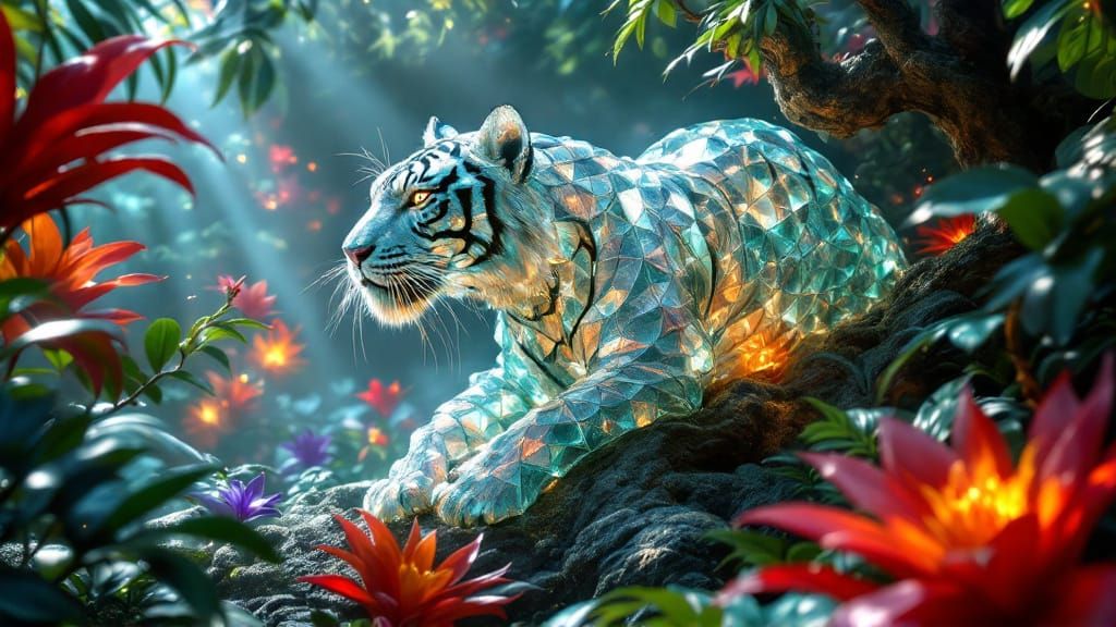 Ethereal Glass Tiger in Surreal Jungle