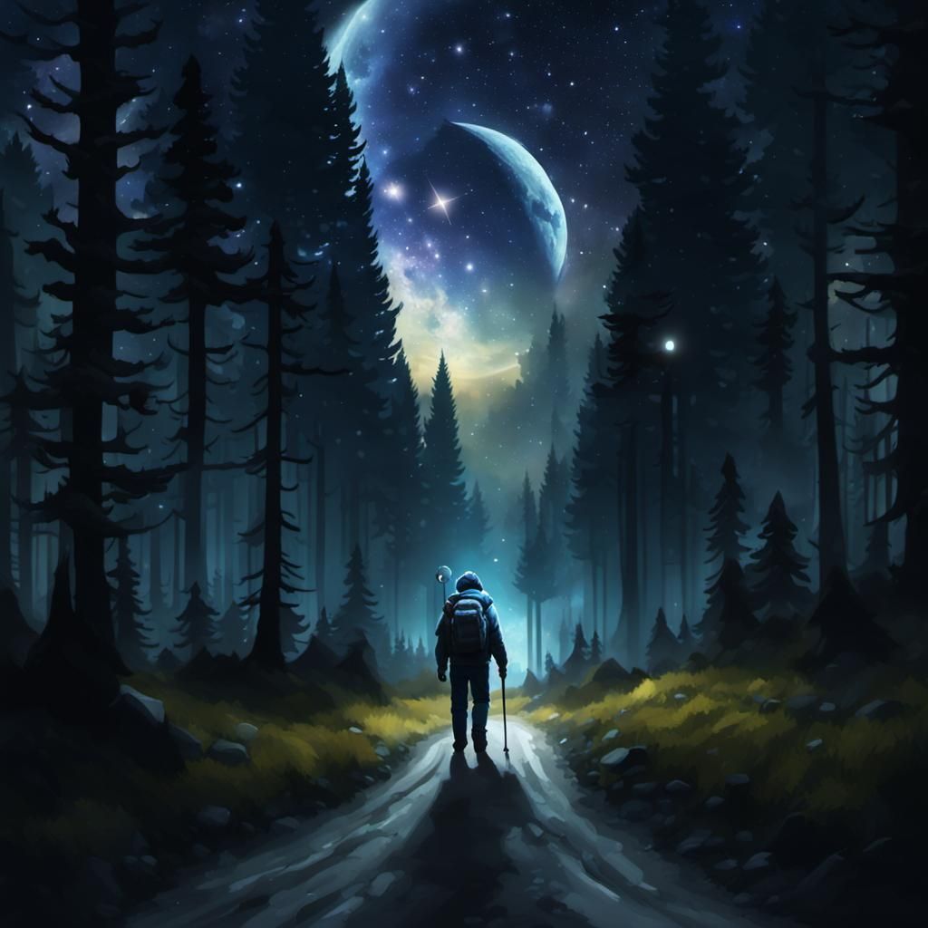 Traveler on Moonlit Forest Road to Galaxy