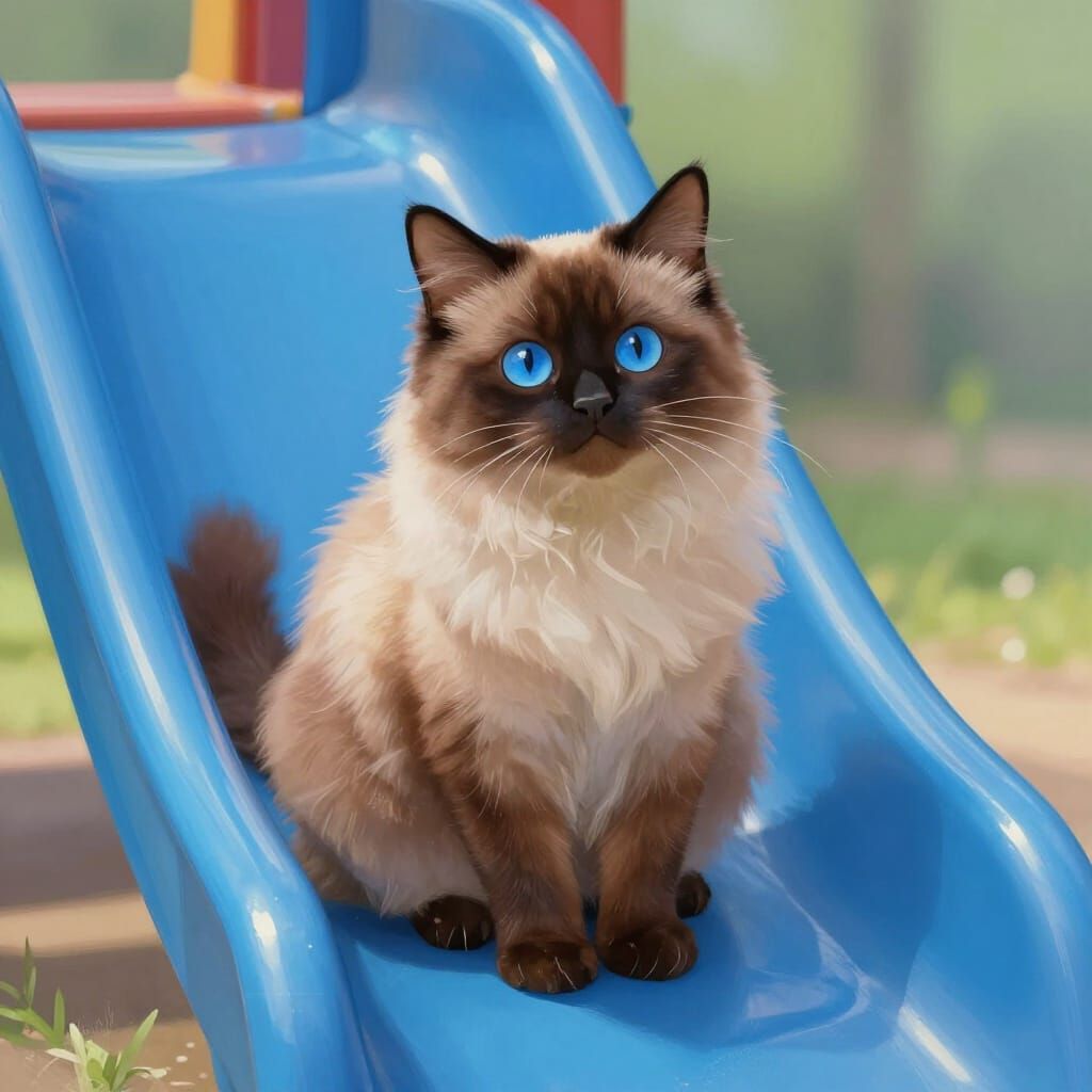 Fluffy Brown Cat with Blue Eyes on Blue Slide