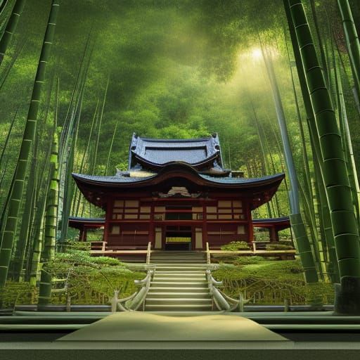 Japanese Temple in Bamboo Forest: Detailed Matte Painting