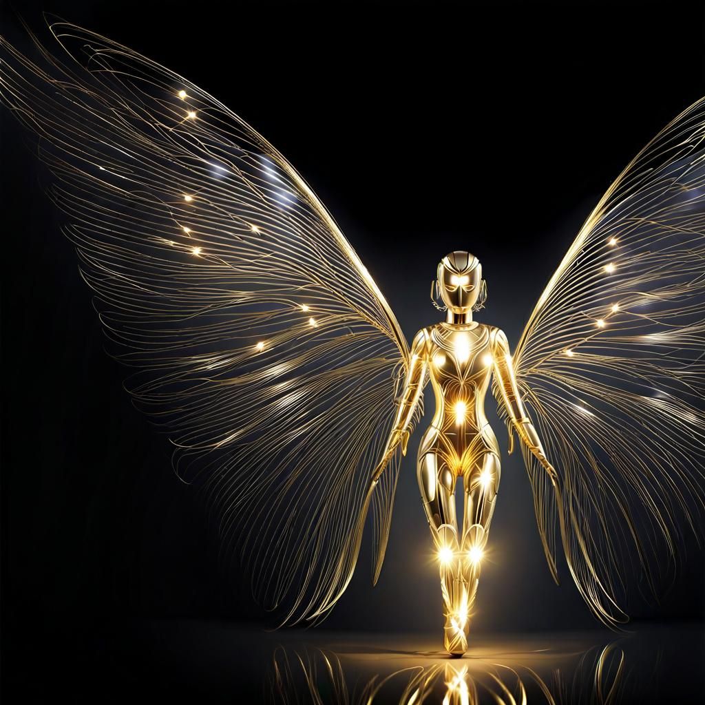 Gold Android Angel in Hyperdetailed Cross Hatching Style