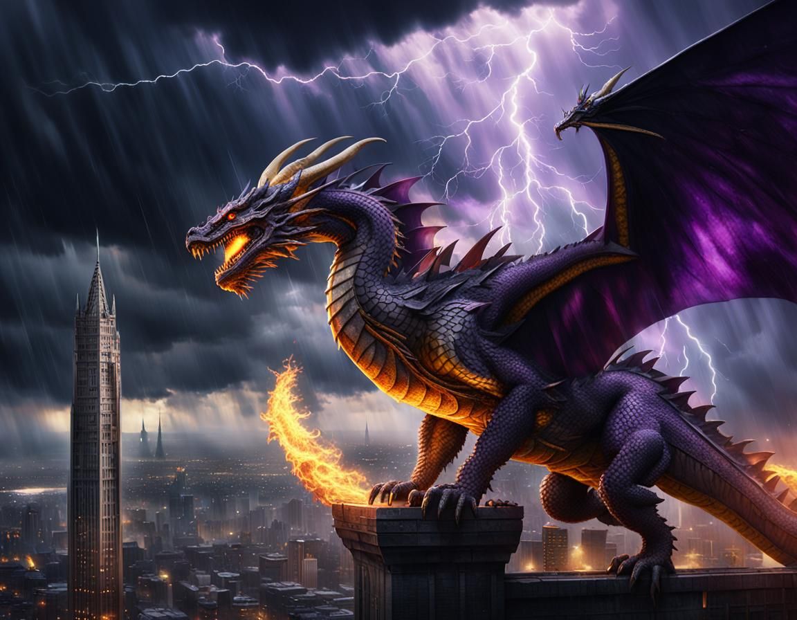 Medieval Dragon Dominates Dark Skyscraper in Epic Fantasy Sc...