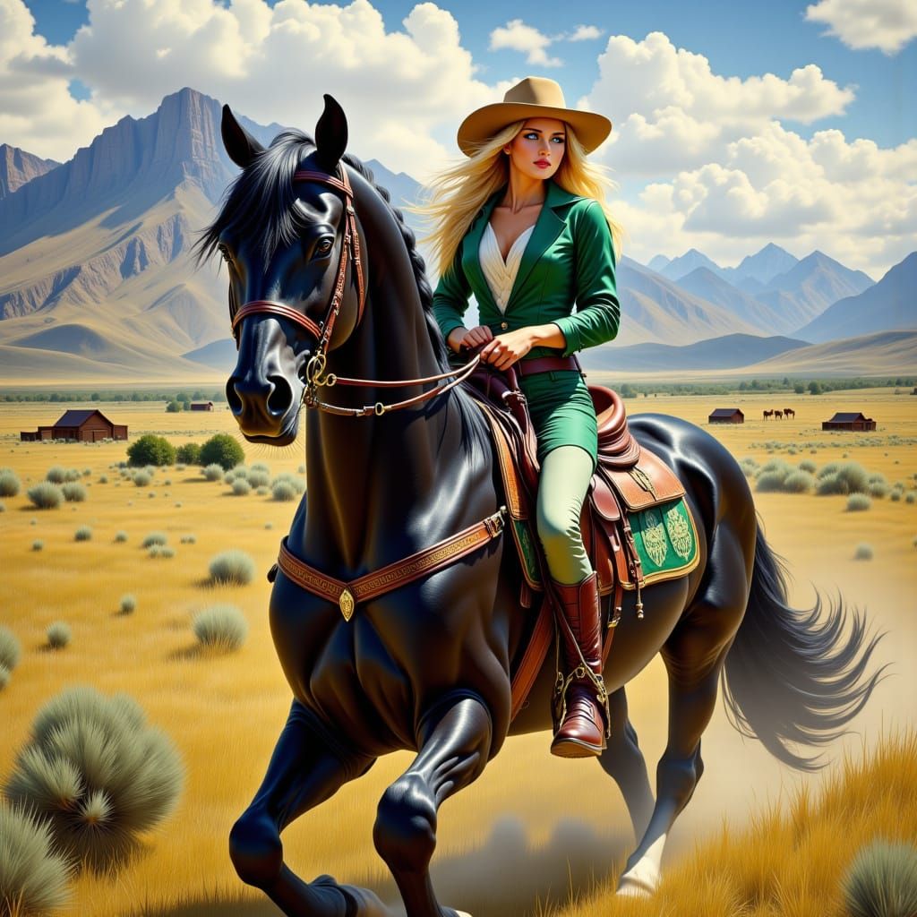 Woman Riding Horse in Wyoming, Airbrush Art