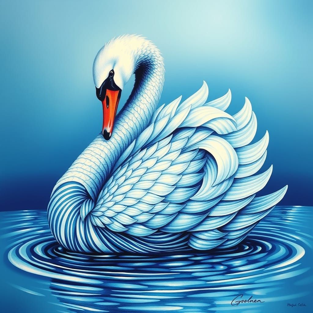 Surrealist Swan in Iridescent Blues and Whites