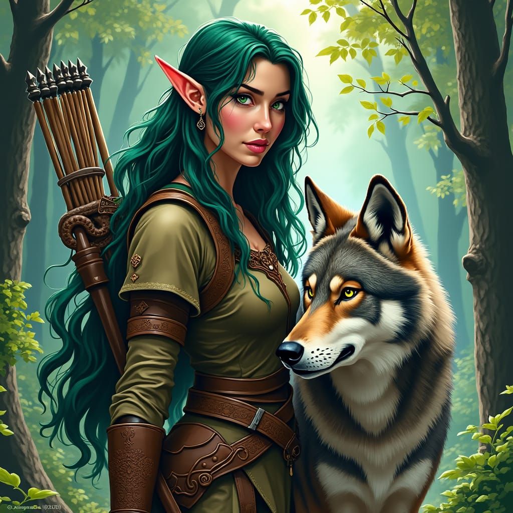Elf Ranger and Wolf in Graffiti Art Style