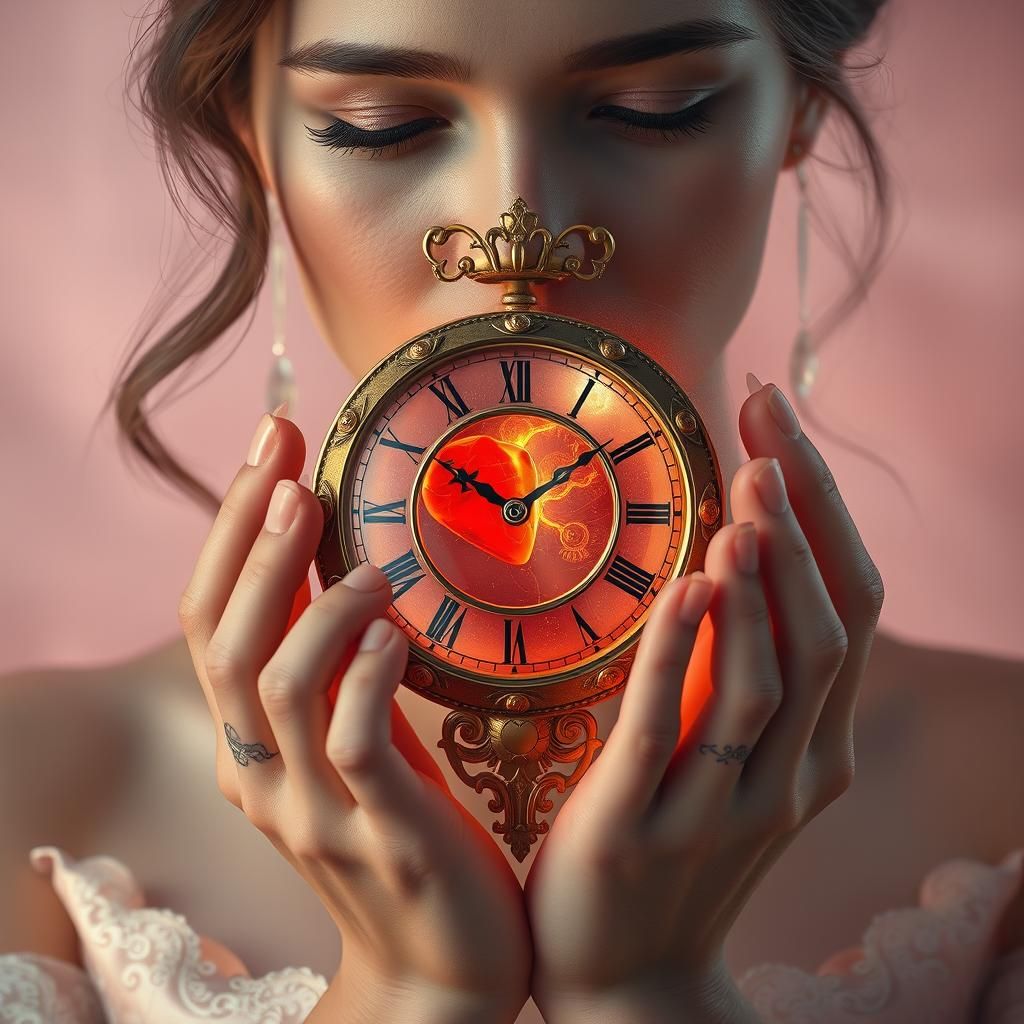 Ethereal Woman with Clockwork Heart in Art Nouveau Style