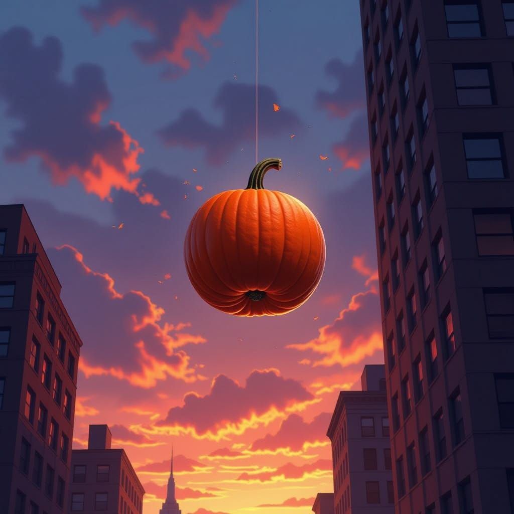 Pumpkin Falls From Skyscraper in Dramatic Orange Light