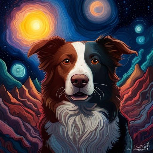 Border Collie in the Stars: Intricate Gouache Illustration