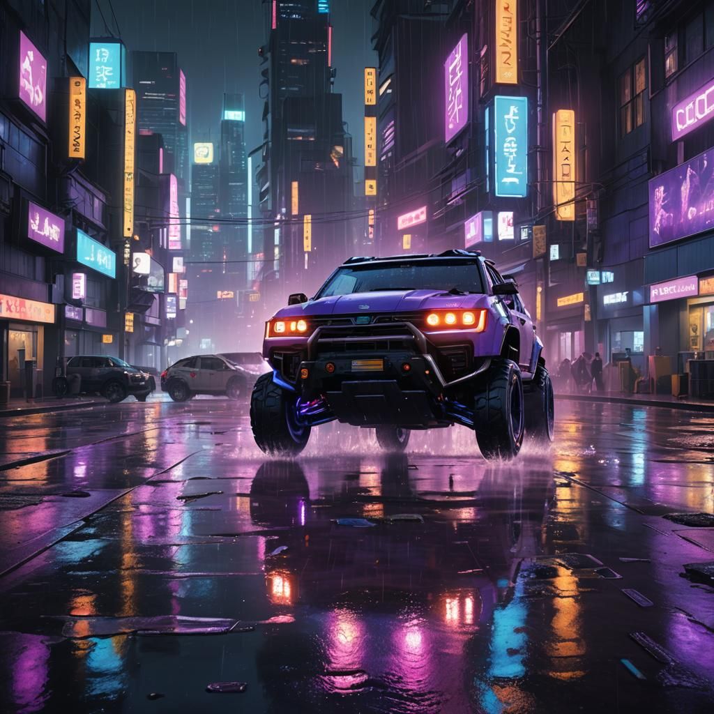 Cyberpunk Rover Speeds Through Neon Cityscape