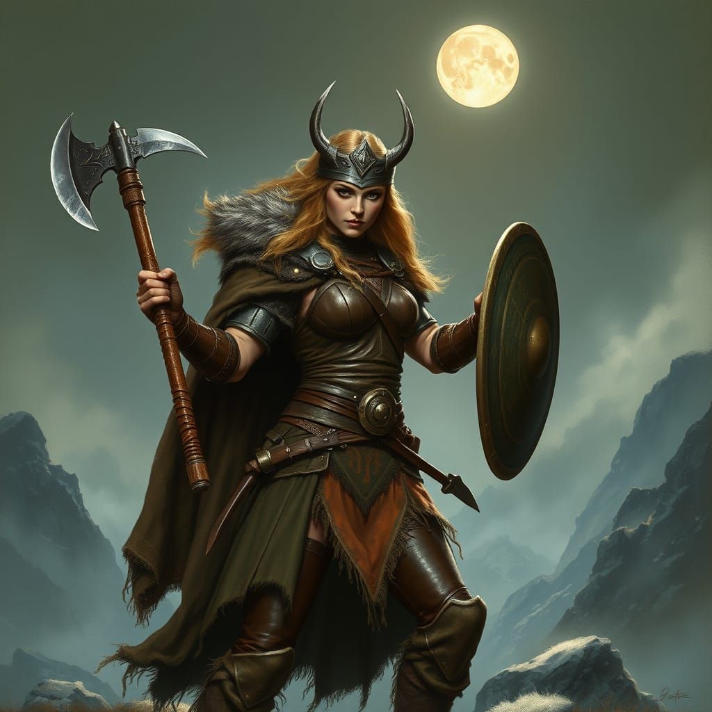 Viking Maiden Warrior in Moonlit Fjord Landscape