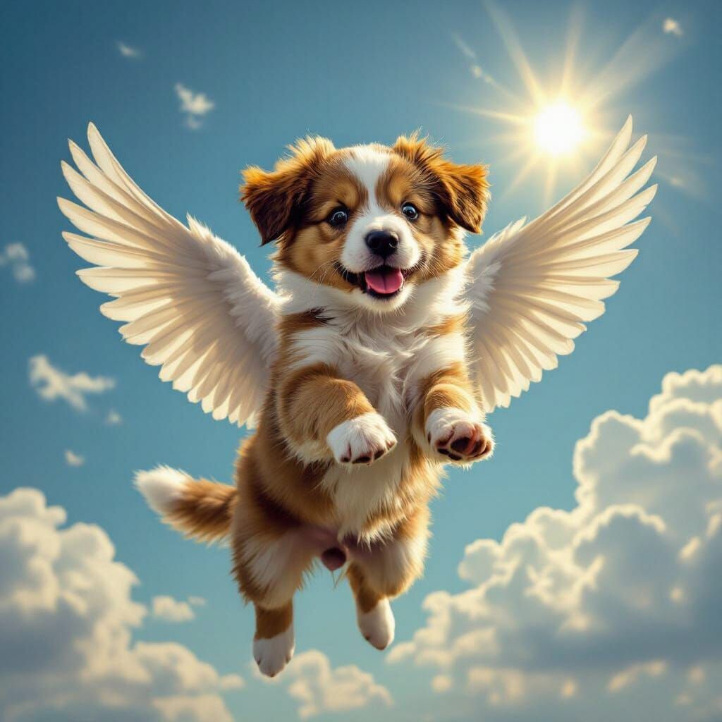 Playful Puppy with White Wings in Sunny Sky
