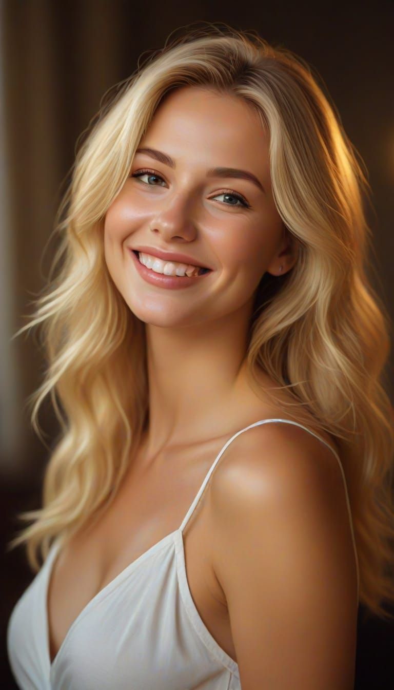 Vibrant Oil Painting Portrait of a Smiling Blonde Woman