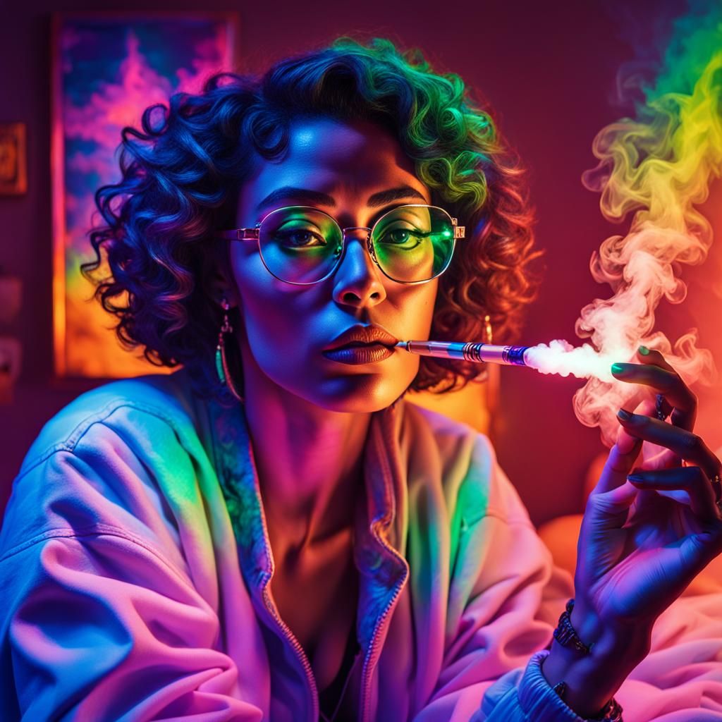 heavy latina female wearing glasses with short curly hair sitting on bed smoking an "oversized crystal clear vape pen" w...