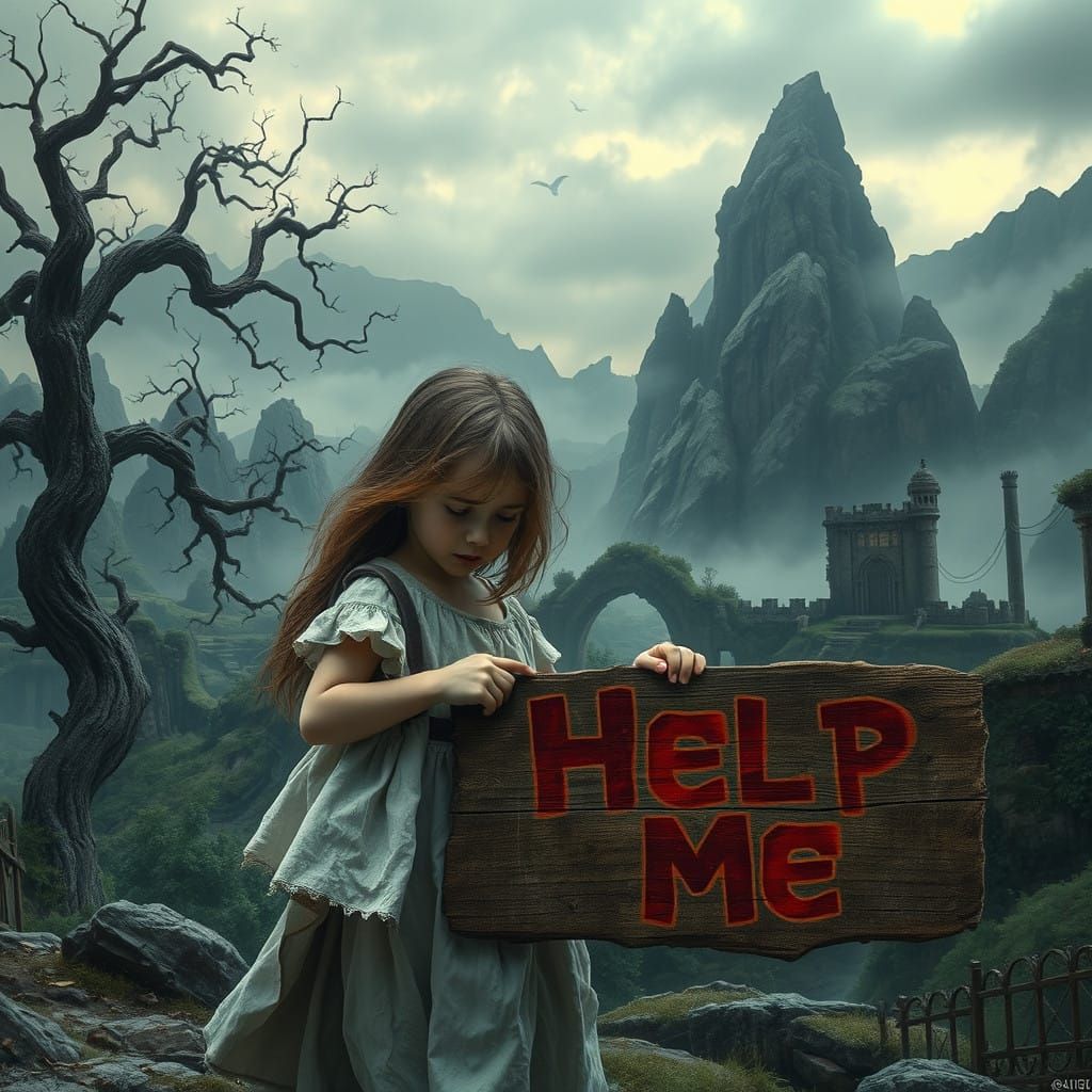 Distressed Child in Haunting, Dreamlike Landscape