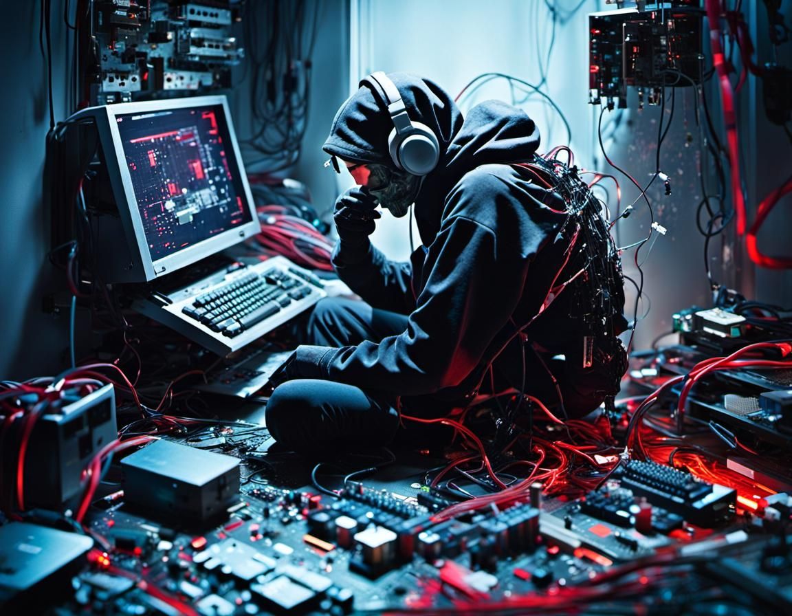 Cyberpunk Hacker in Dystopian Bedroom: Sci-Fi Inkpunk