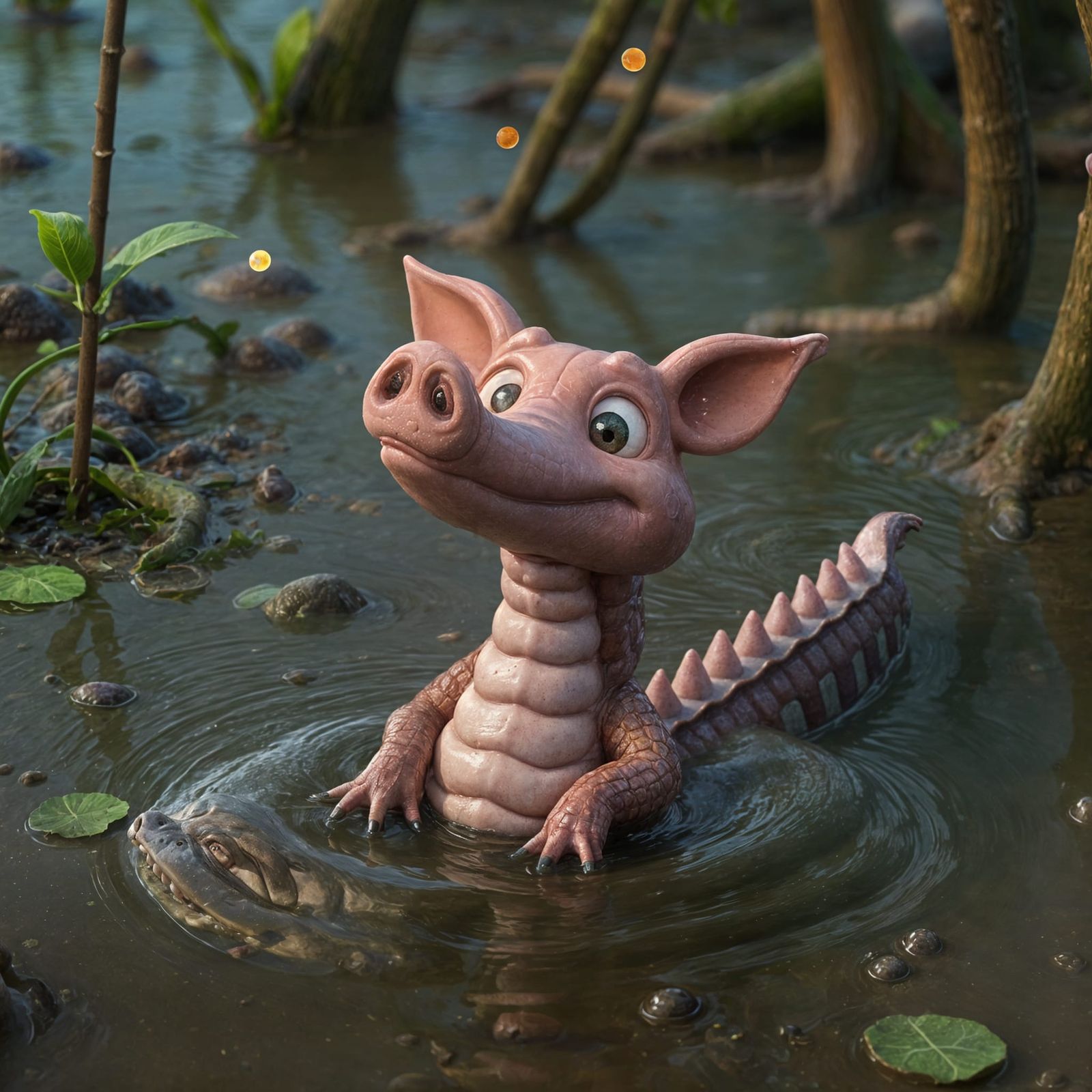 Whimsical Pig-Gator Emerges from Swampy Waters in Rosy Hue