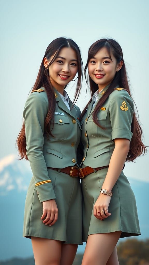 Young Japanese Women in Military Uniforms Pose Against Seren...