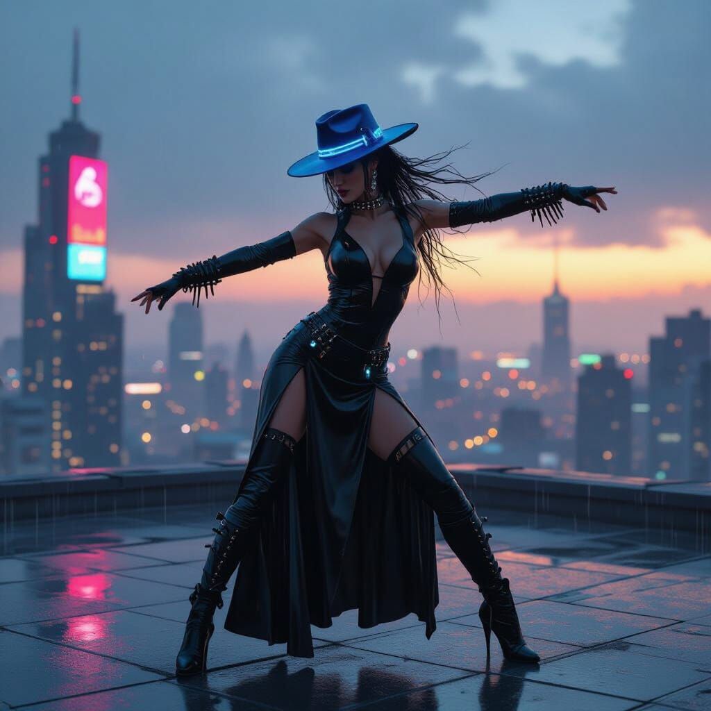 Cyberpunk Tango Dancer on Futuristic Rooftop