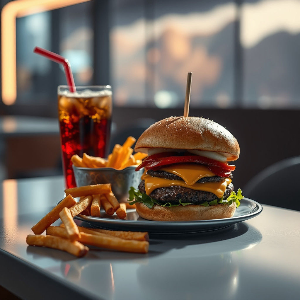 Juicy Burger and Fries Still Life in Dark Futurism Style