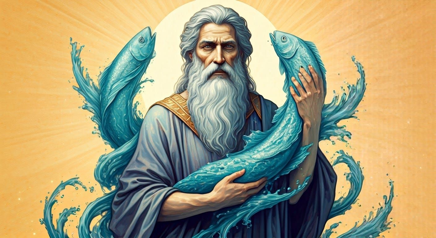 Ancient God Neptune Cradles Celestial Pisces in Majestic Wat...