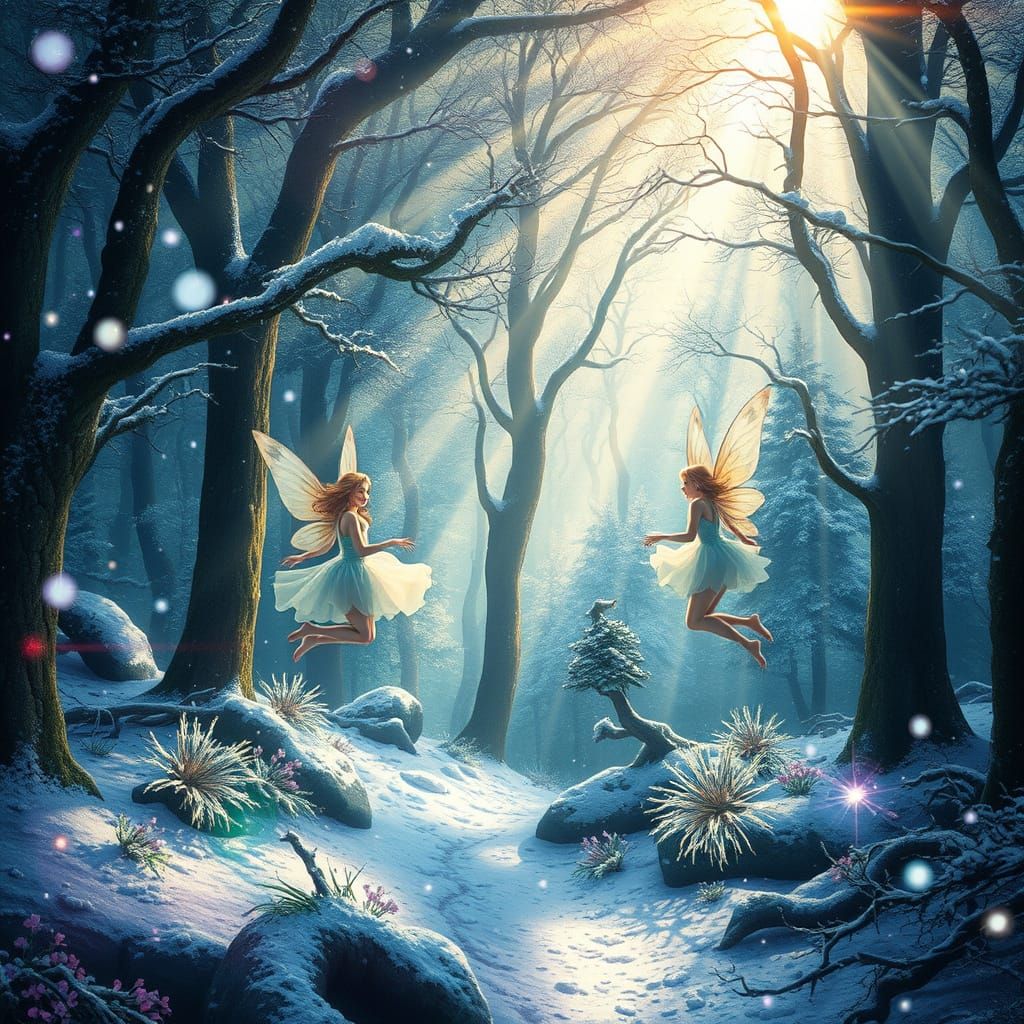 Mystical Snowy Forest with Dancing Fairies in Vibrant Colors