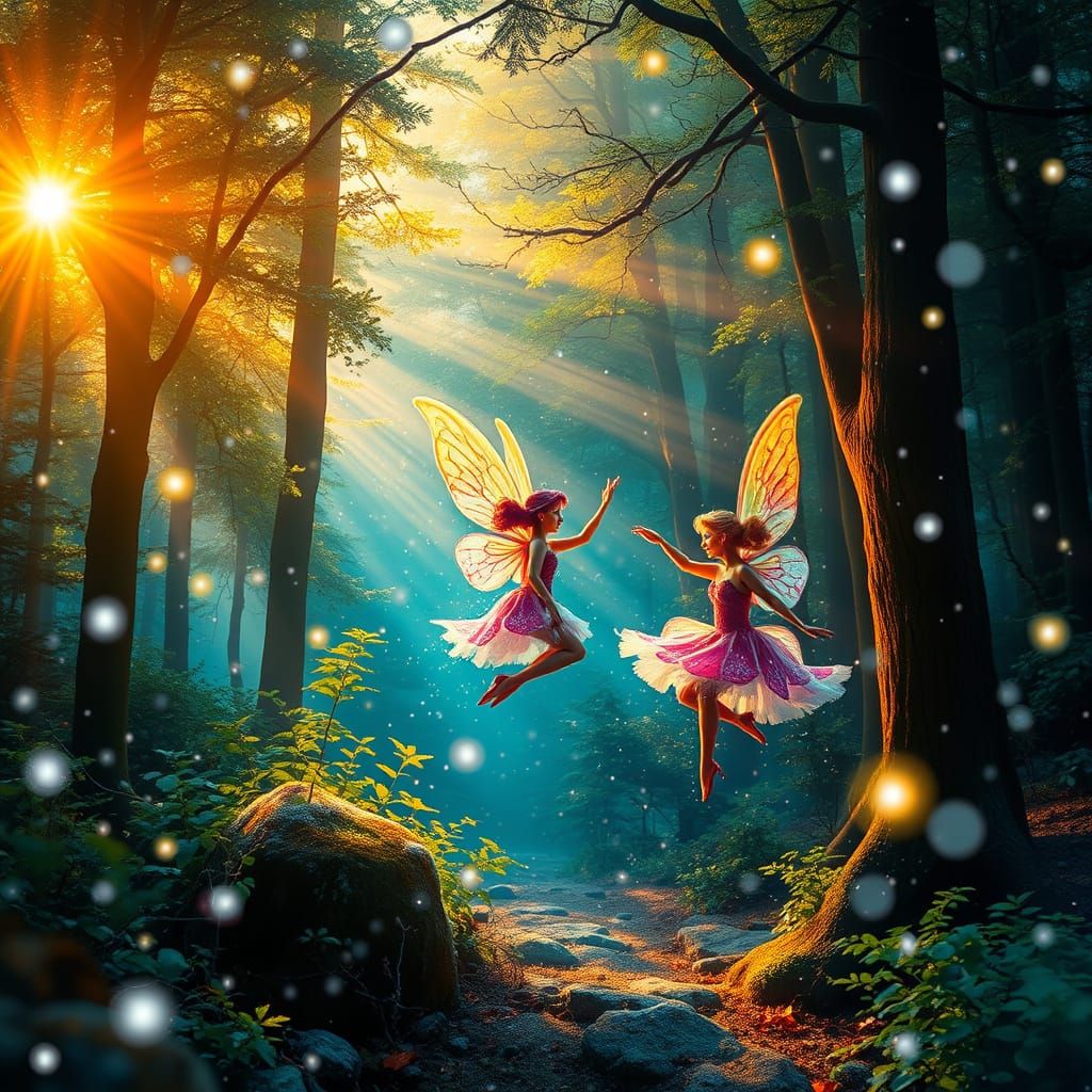 Ethereal Fairies Dance in Vibrant, Dreamlike Enchanted Fores...