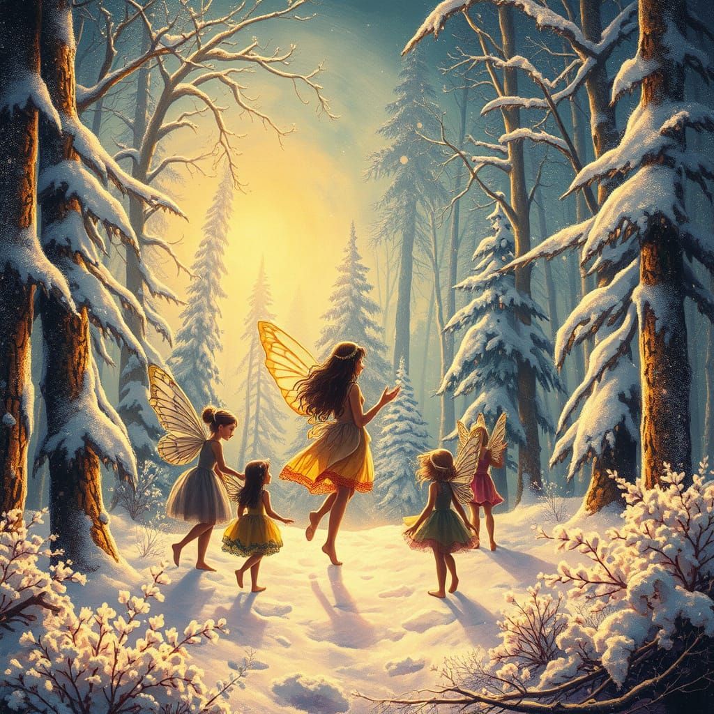 Whimsical Fairies Dance in a Snowy Enchanted Forest