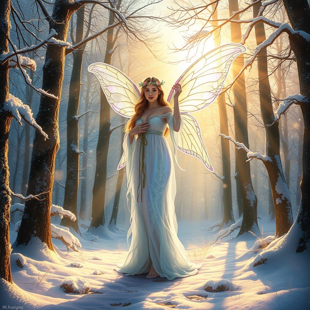 Whimsical Fairy in Iridescent Robes Amidst Enchanted Snowy F...