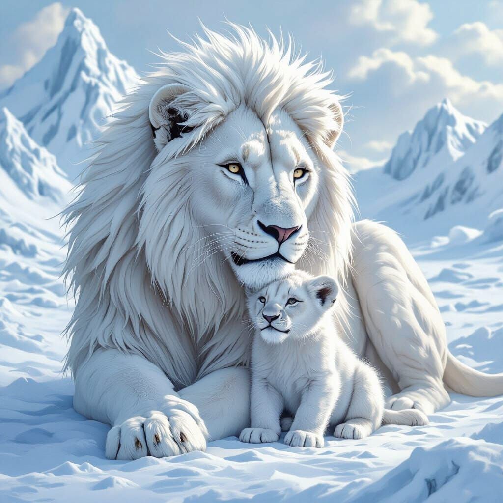 White Lioness with Cub in Frozen Tundra